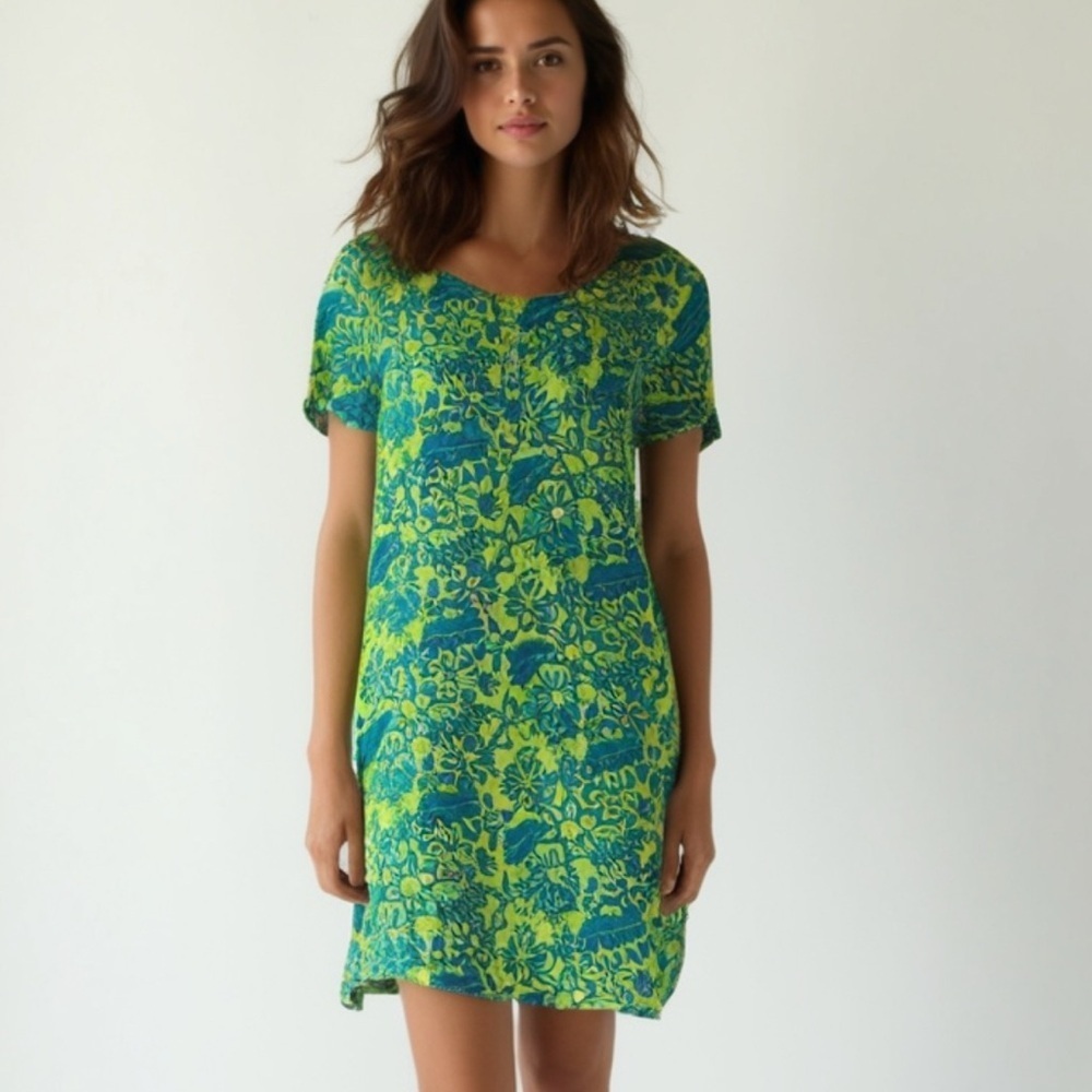 Cypress Vibrant Green and Blue V-Neck Mini Sundress Size Medium